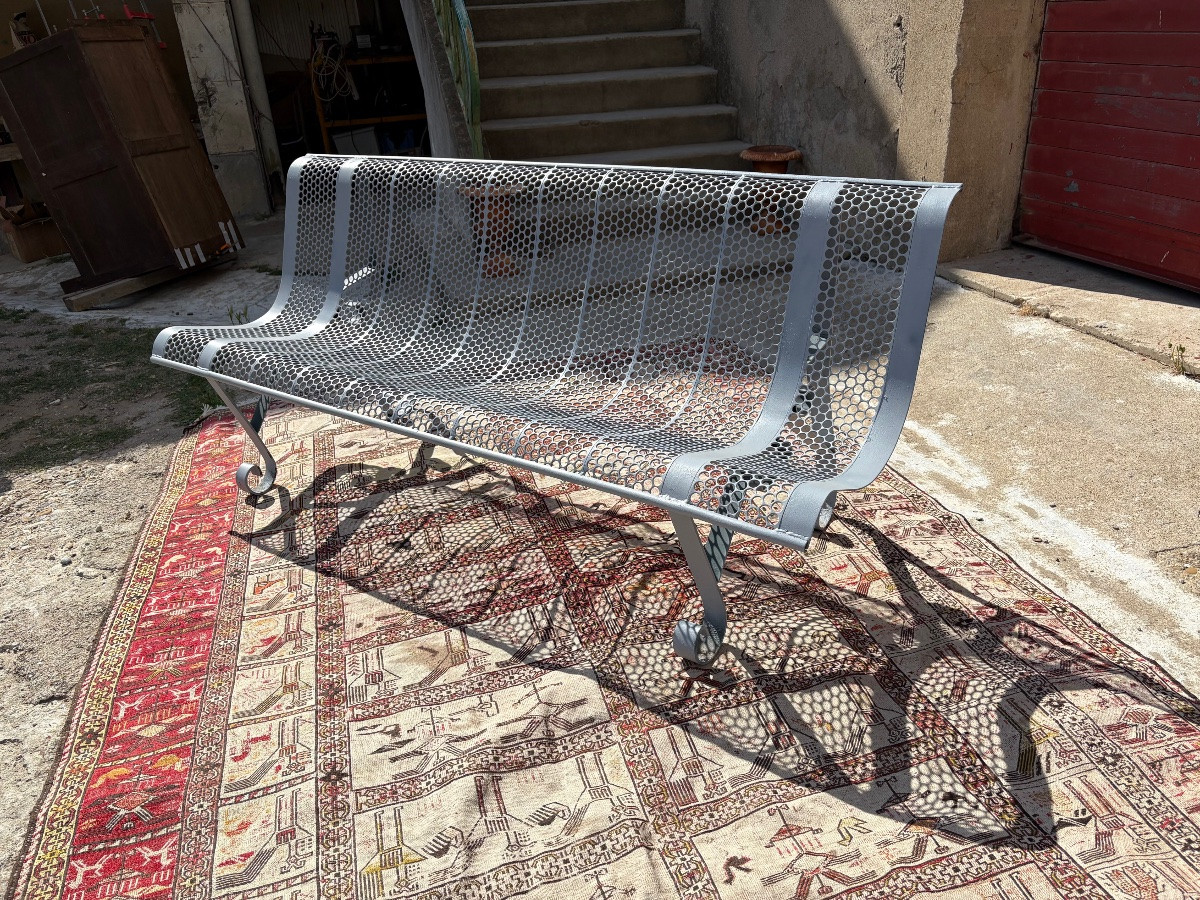 Large Contemporary Metal Bench, Perforated, Vintage, 1970-photo-2