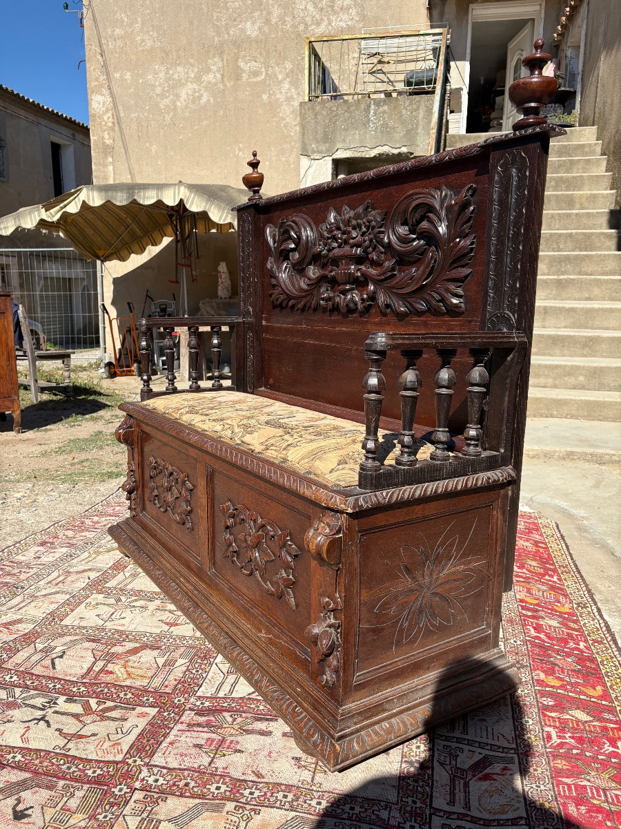 Banc. Coffre en noyer renaissance d’époque XIXEM siècle -photo-8