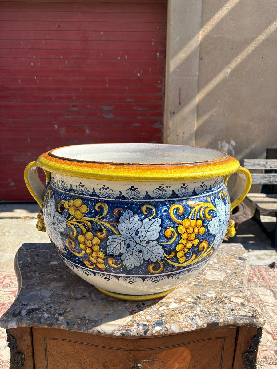 Large Italian Majolica Planter With Grapes 19th Century-photo-2