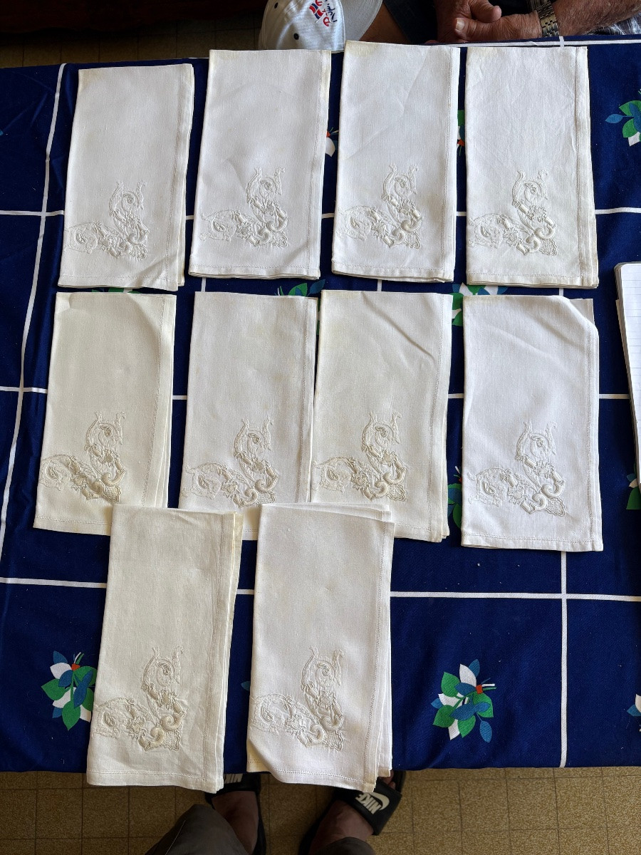 Suite Of 10 Monogrammed Antique Napkins, Circo, 1950-photo-3