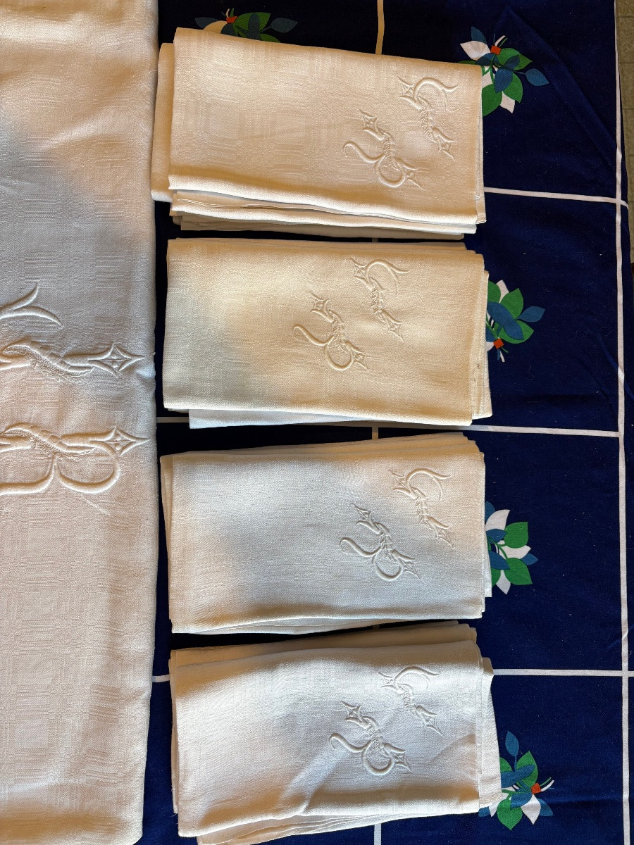 Damask Cotton Dinner Service, Monogrammed Cr 1960-photo-4