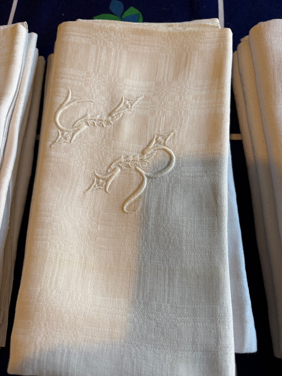 Damask Cotton Dinner Service, Monogrammed Cr 1960-photo-5