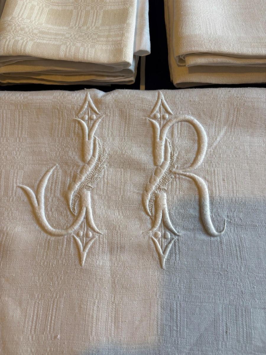 Damask Cotton Dinner Service, Monogrammed Cr 1960-photo-6