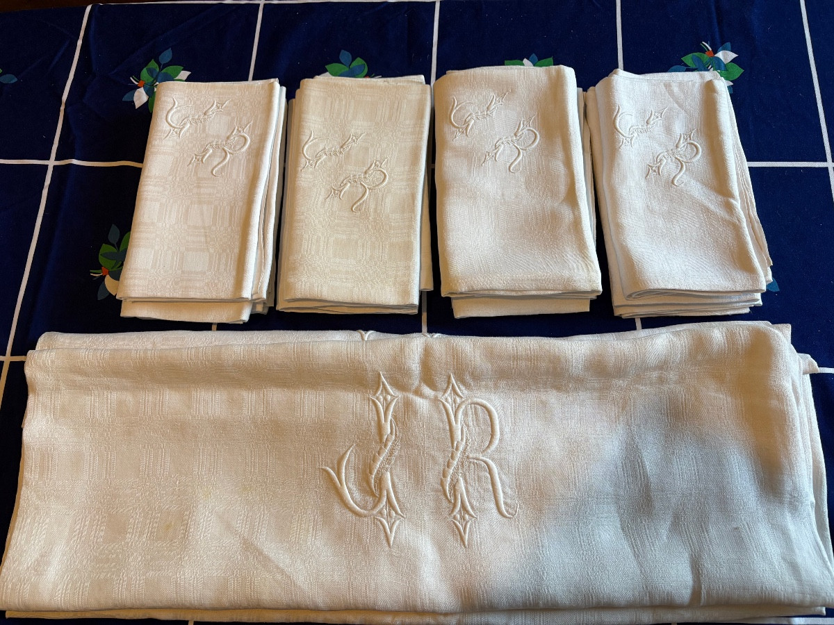 Damask Cotton Dinner Service, Monogrammed Cr 1960