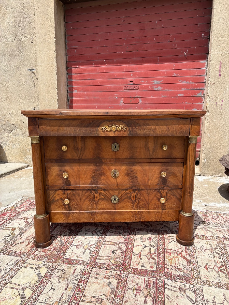 Empire Period Walnut Column Chest Of Drawers, 19th Century-photo-1