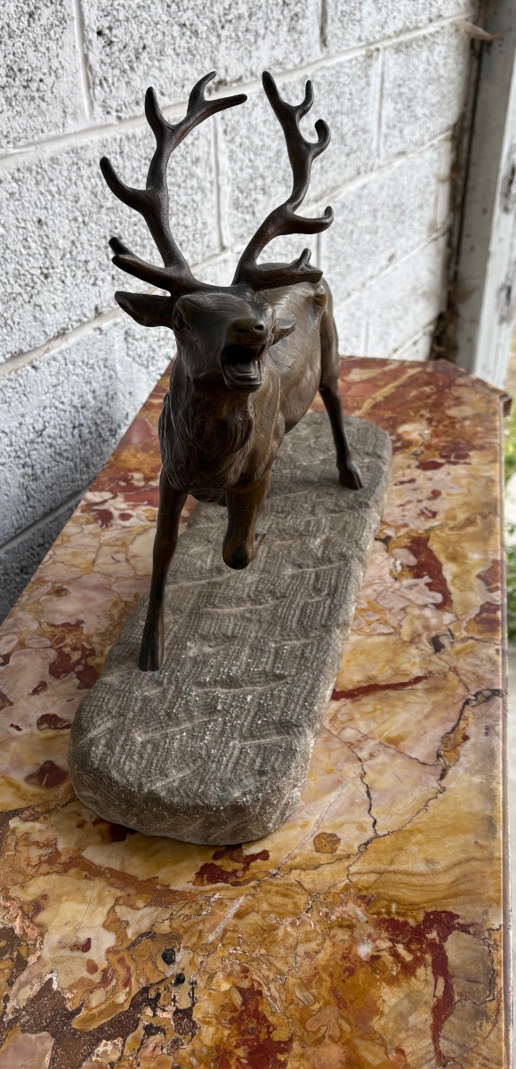 Cerf bramant en bronze, signé de Fiesole sur socle en pierre  fin 19e siècle-photo-2