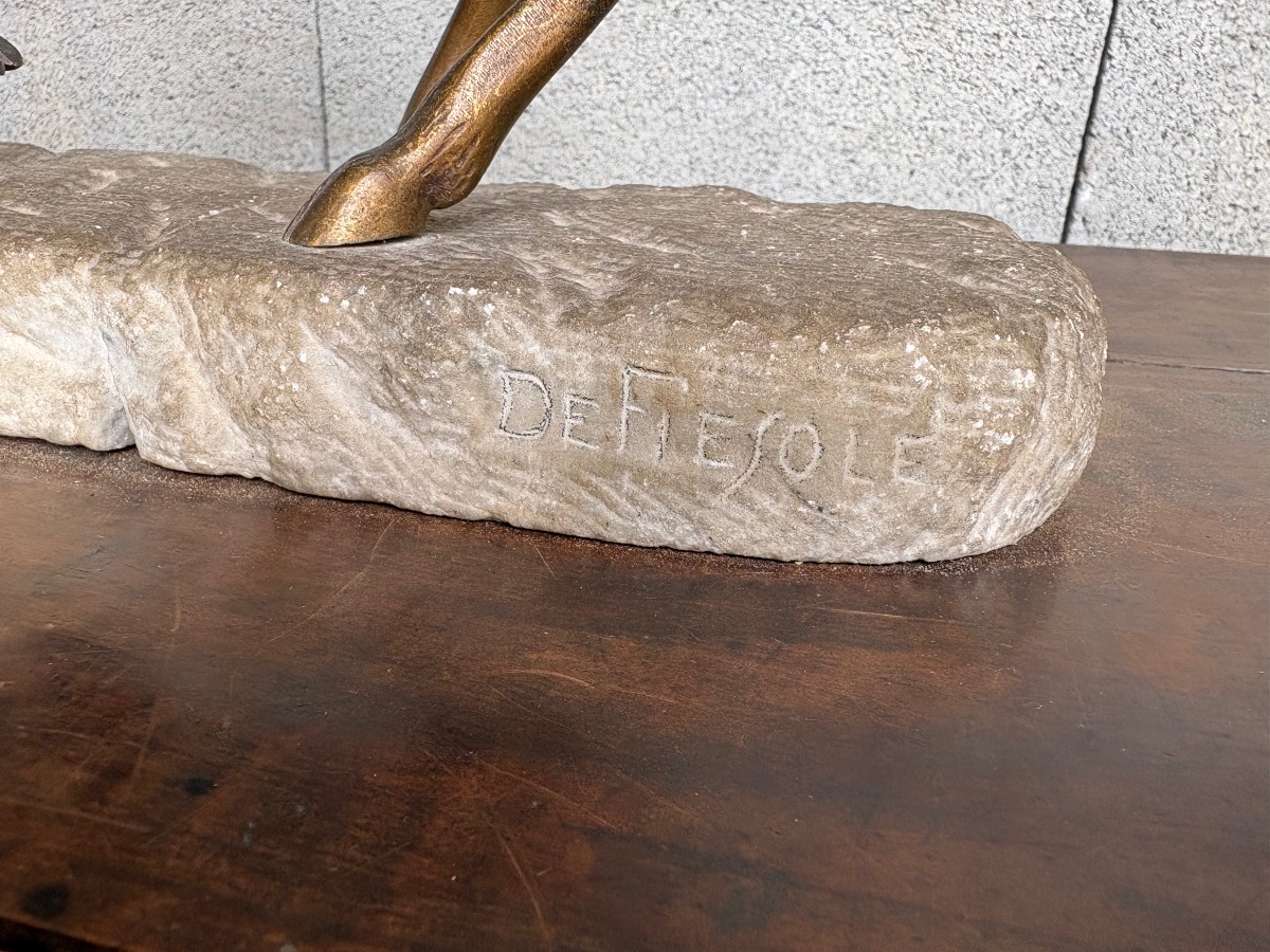 Cerf bramant en bronze, signé de Fiesole sur socle en pierre  fin 19e siècle-photo-4