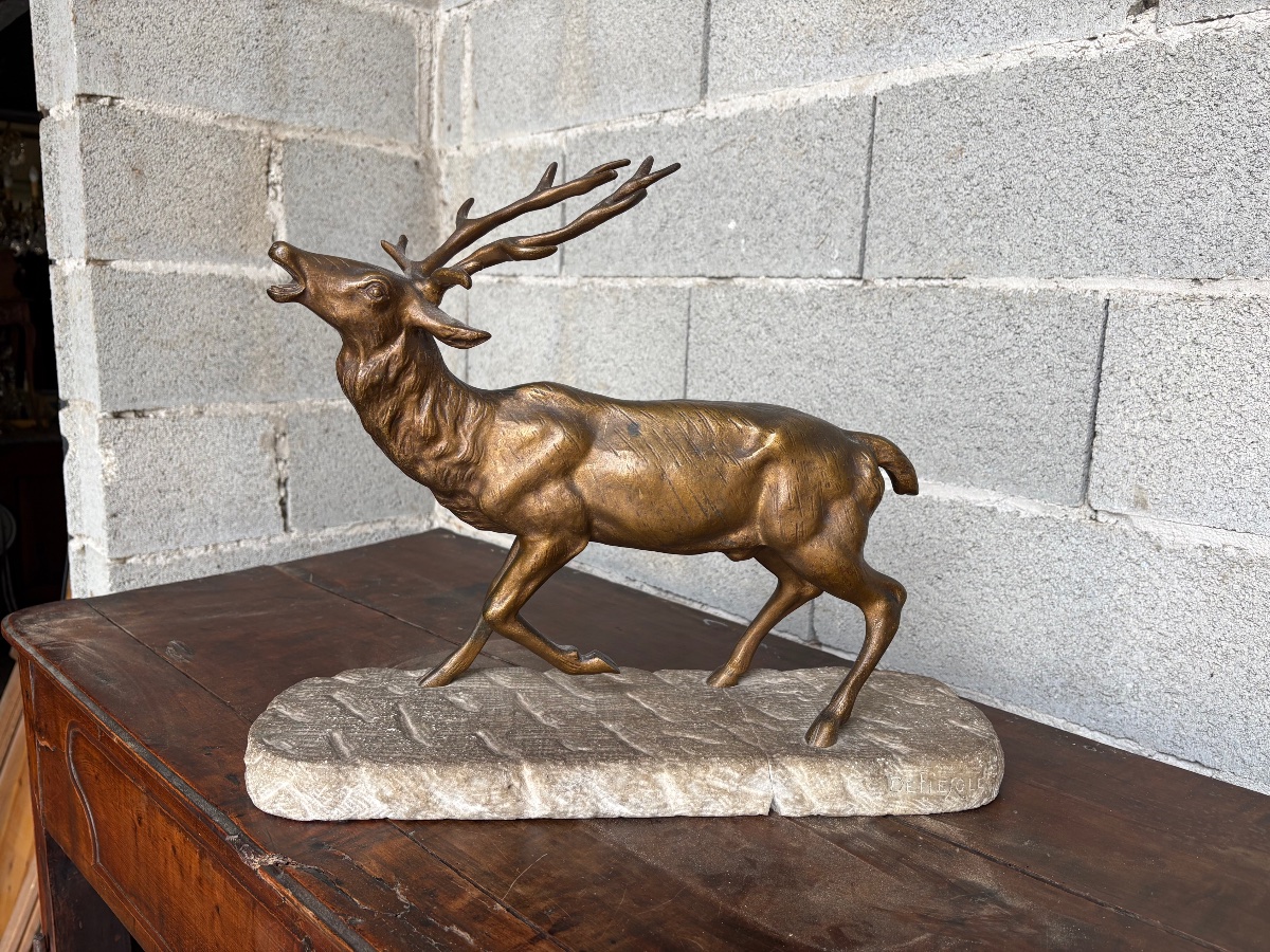 Cerf bramant en bronze, signé de Fiesole sur socle en pierre  fin 19e siècle-photo-1