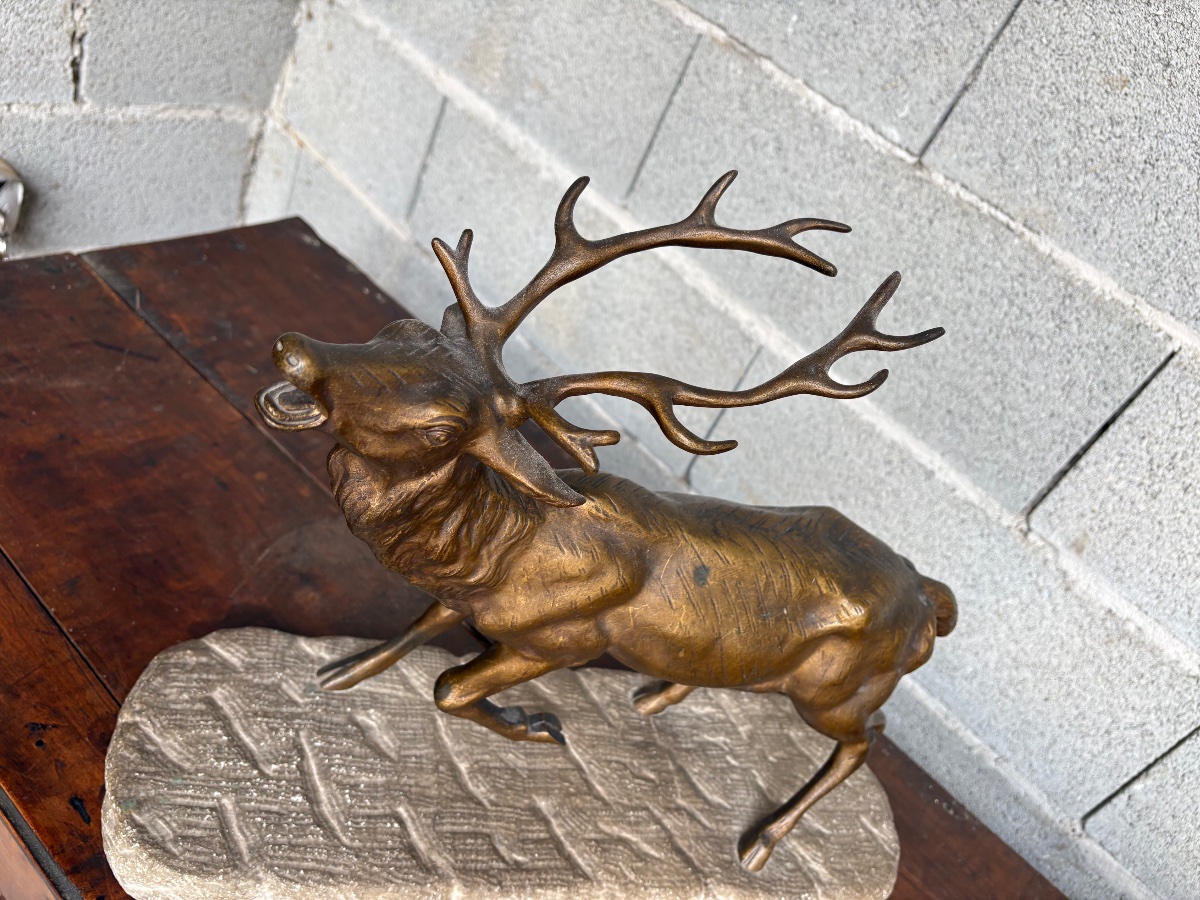 Cerf bramant en bronze, signé de Fiesole sur socle en pierre  fin 19e siècle-photo-3
