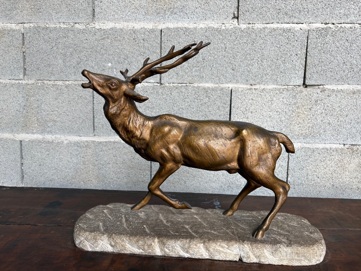 Cerf bramant en bronze, signé de Fiesole sur socle en pierre  fin 19e siècle-photo-5