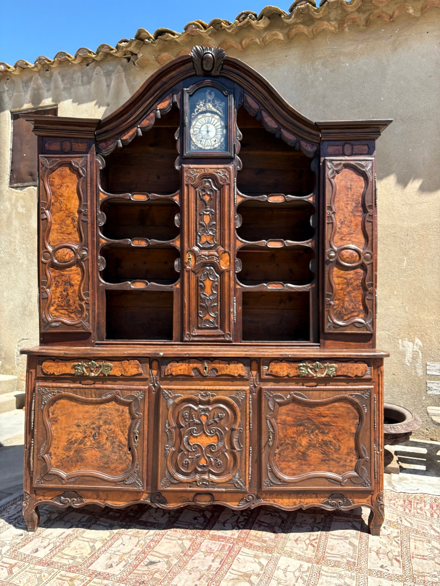 Exceptional Bressand Sideboard With Clock, Made Of Oak And Burl, Louis XV Style, 18th Century