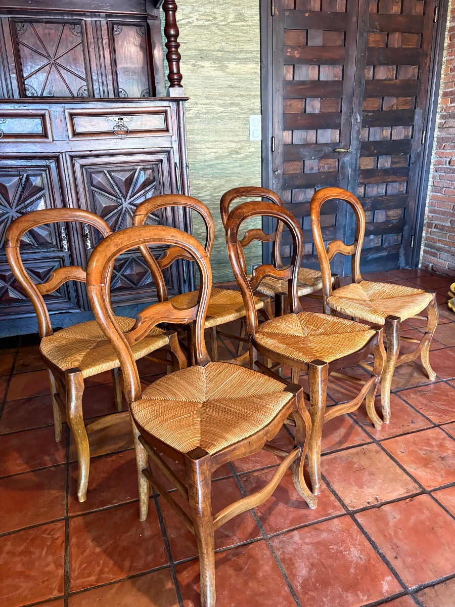 Set Of Six Straw-seated Walnut Chairs, Louis XV Style, 19th Century-photo-2