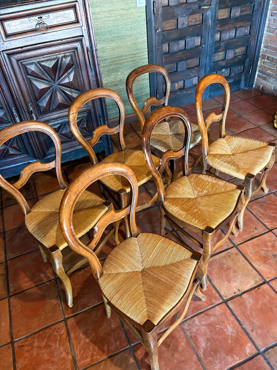 Set Of Six Straw-seated Walnut Chairs, Louis XV Style, 19th Century-photo-3