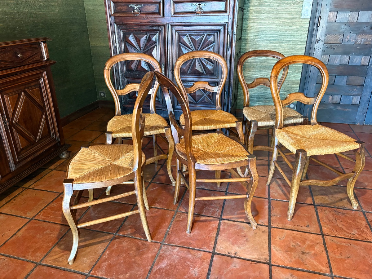 Set Of Six Straw-seated Walnut Chairs, Louis XV Style, 19th Century-photo-4