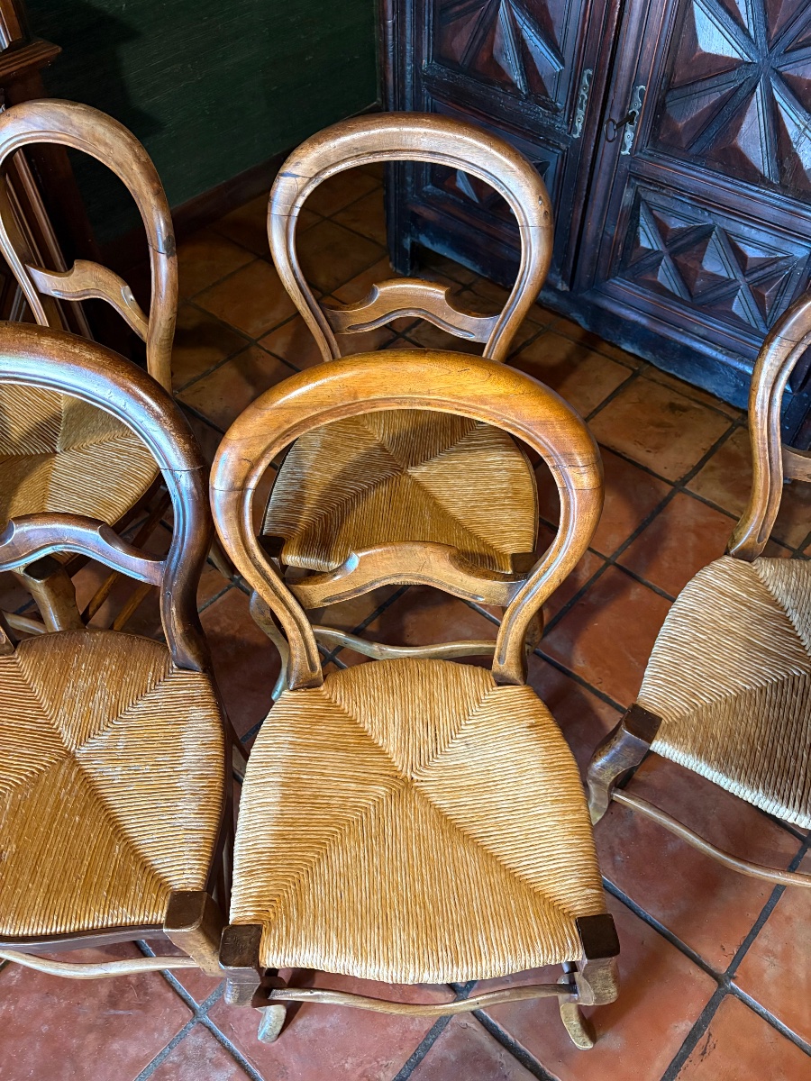 Set Of Six Straw-seated Walnut Chairs, Louis XV Style, 19th Century-photo-3