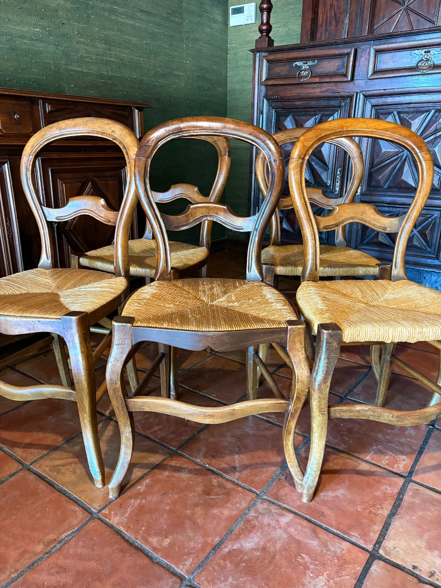 Set Of Six Straw-seated Walnut Chairs, Louis XV Style, 19th Century-photo-4