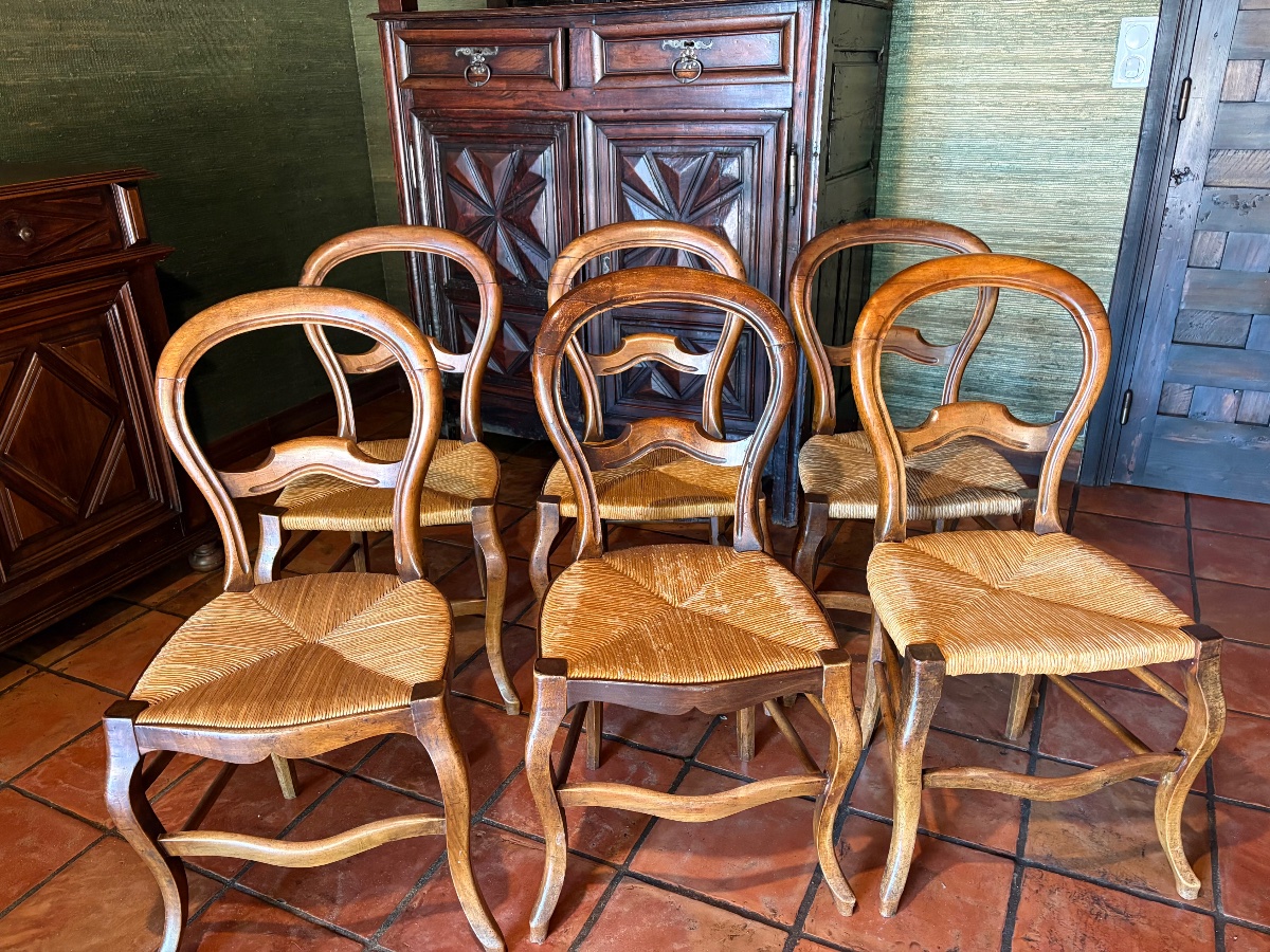 Set Of Six Straw-seated Walnut Chairs, Louis XV Style, 19th Century-photo-5