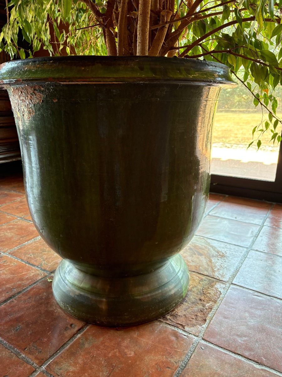 Grand cache-pot en terre, cuite, vernis verte des années 1970-photo-2