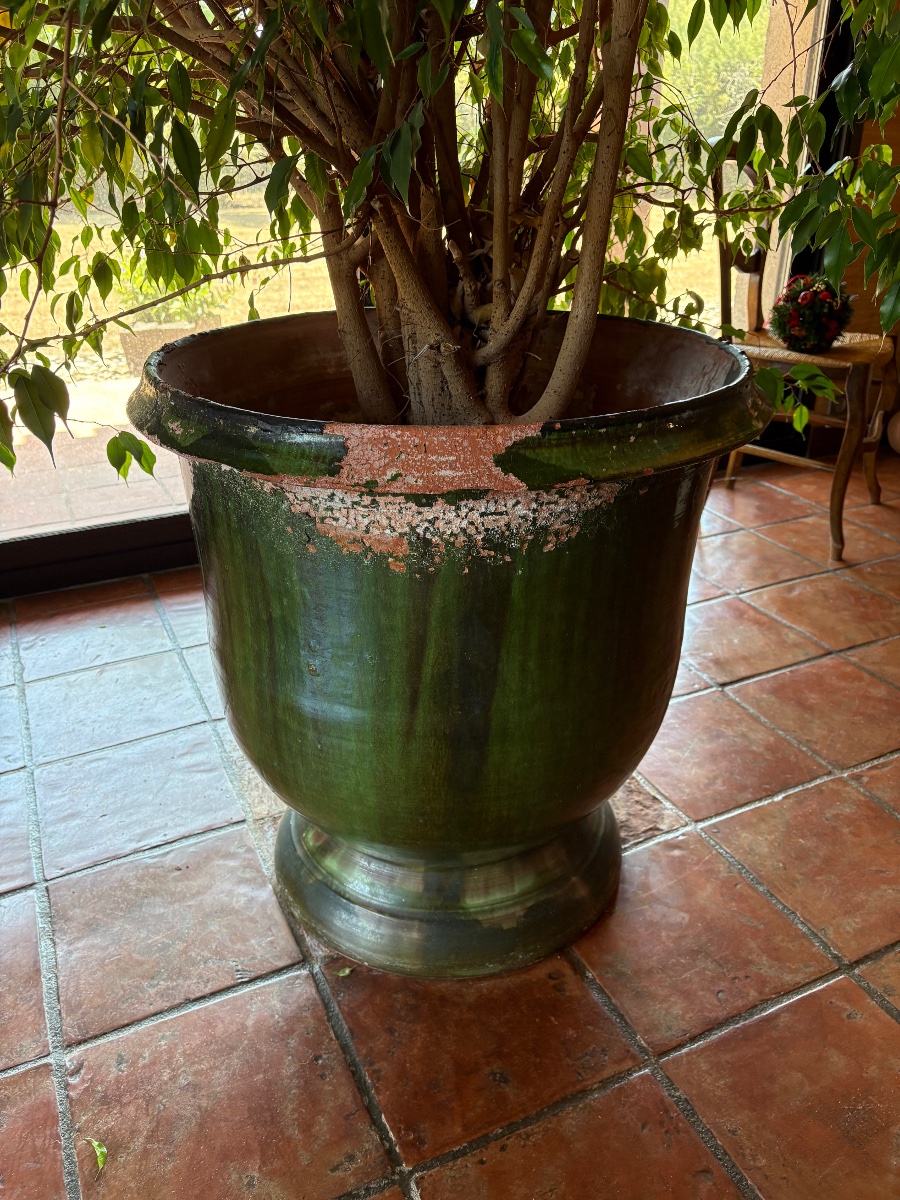 Grand cache-pot en terre, cuite, vernis verte des années 1970-photo-1