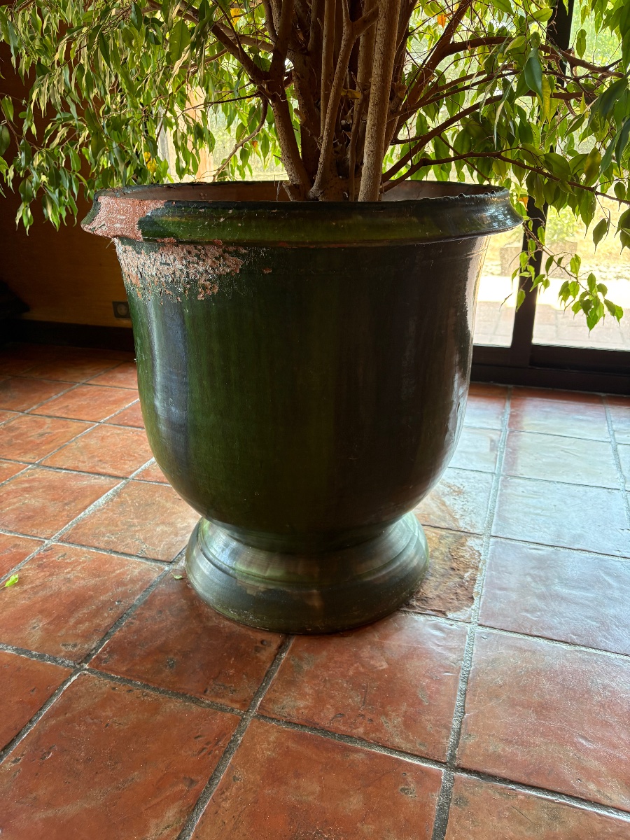 Grand cache-pot en terre, cuite, vernis verte des années 1970-photo-2