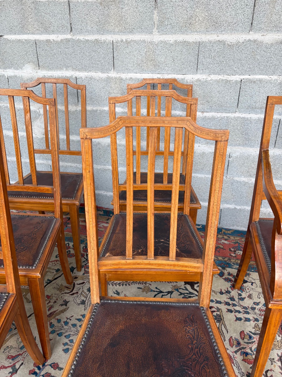 A Set Of Six Chairs And Two Armchairs, 19th-century Mahogany Restaurant Furniture-photo-4