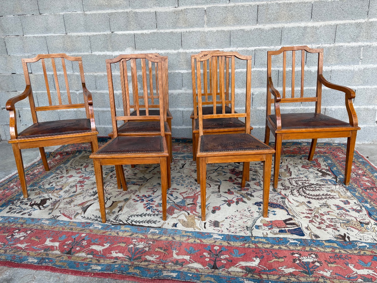 A Set Of Six Chairs And Two Armchairs, 19th-century Mahogany Restaurant Furniture-photo-2