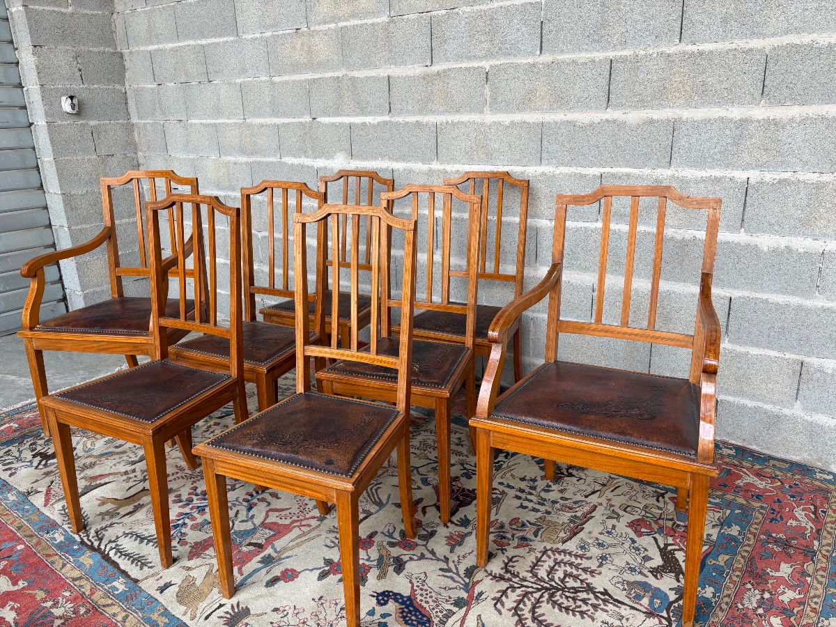 A Set Of Six Chairs And Two Armchairs, 19th-century Mahogany Restaurant Furniture-photo-3