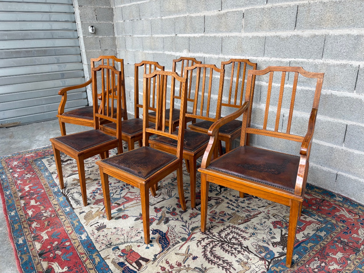 A Set Of Six Chairs And Two Armchairs, 19th-century Mahogany Restaurant Furniture-photo-6