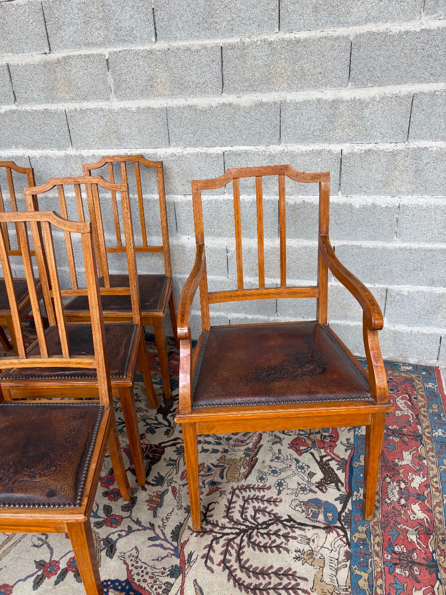 A Set Of Six Chairs And Two Armchairs, 19th-century Mahogany Restaurant Furniture-photo-7