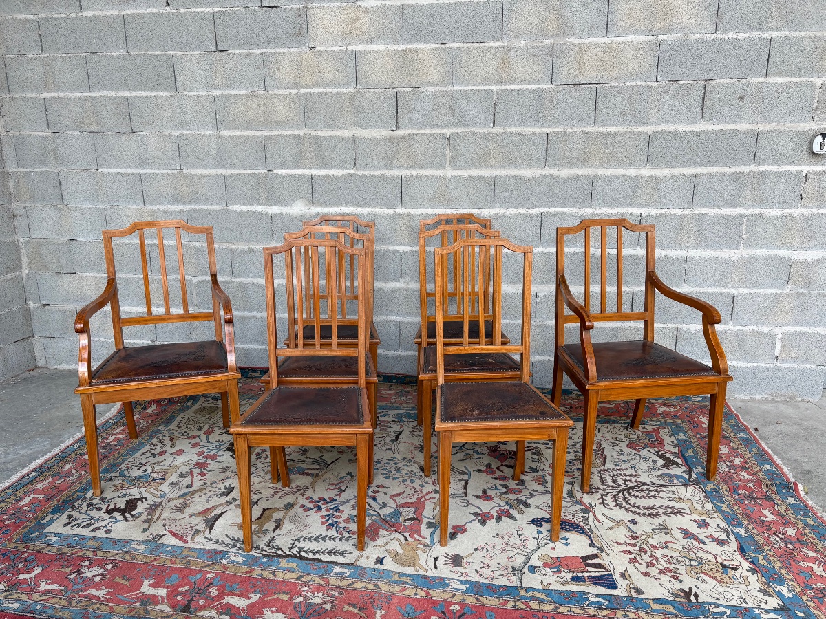 A Set Of Six Chairs And Two Armchairs, 19th-century Mahogany Restaurant Furniture