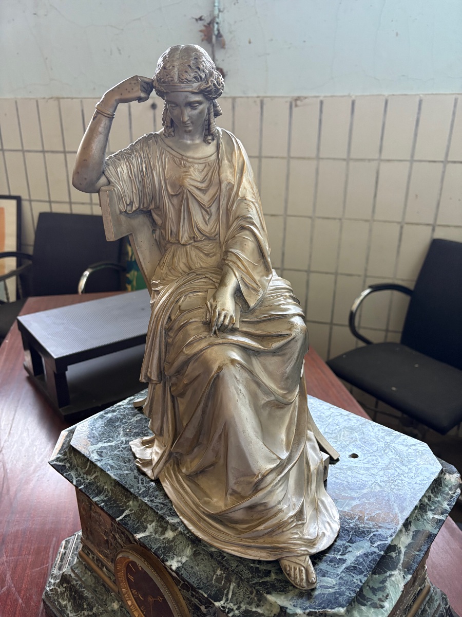 Pendule en bronze argenté et marbre, vert de mer époque, Louis-Philippe vers vers 1835 1845-photo-1