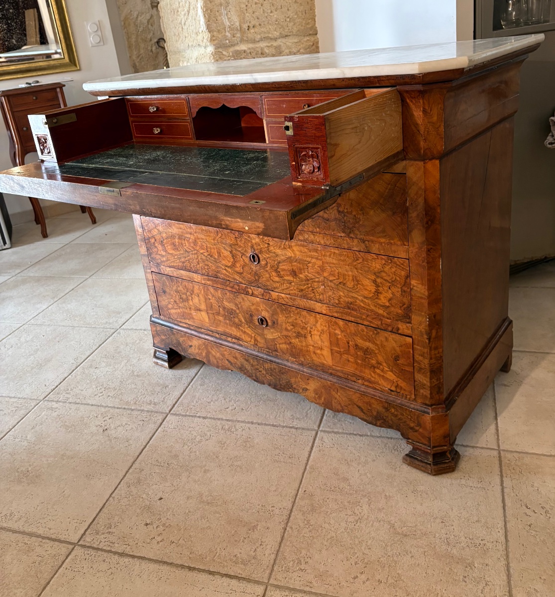 Commode Secrétaire, restauration en noyer  et ronce de noyer d’époque XIXe siècle-photo-2