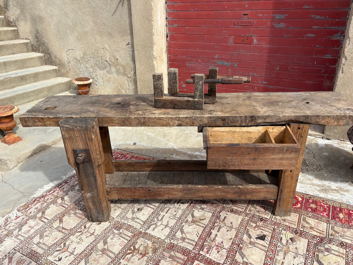 Solid Wood Carpenter's Workbench, 19th Century-photo-2