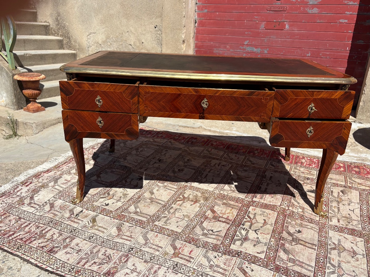 Bureau plat double face Louis XV, en marqueterie et bronze d’époque XIXe siècle-photo-5