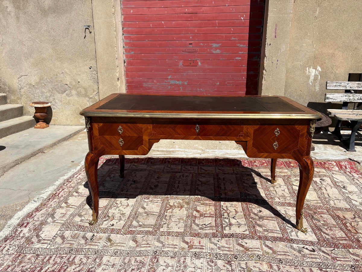Bureau plat double face Louis XV, en marqueterie et bronze d’époque XIXe siècle-photo-6