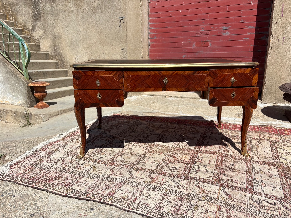 Bureau plat double face Louis XV, en marqueterie et bronze d’époque XIXe siècle-photo-7