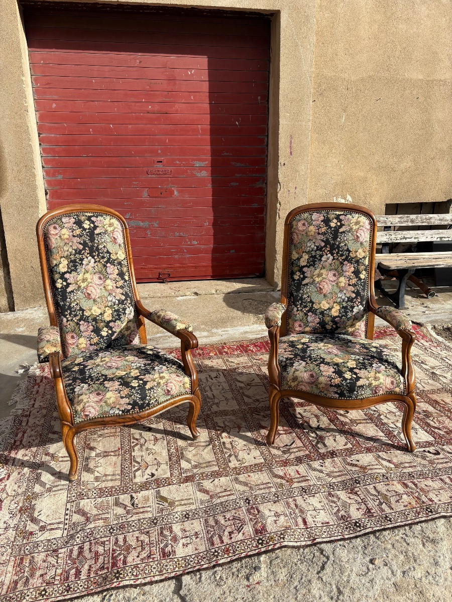 Paire de fauteuils Voltaire, restauration en noyer d’époqueXIXe siècle-photo-8
