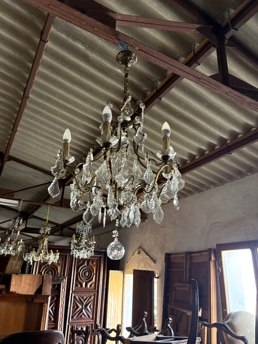 Louis XV Chandelier, Made Of Bronze With Six Light Fixtures And A 19th-century Crystal Pendant.-photo-2
