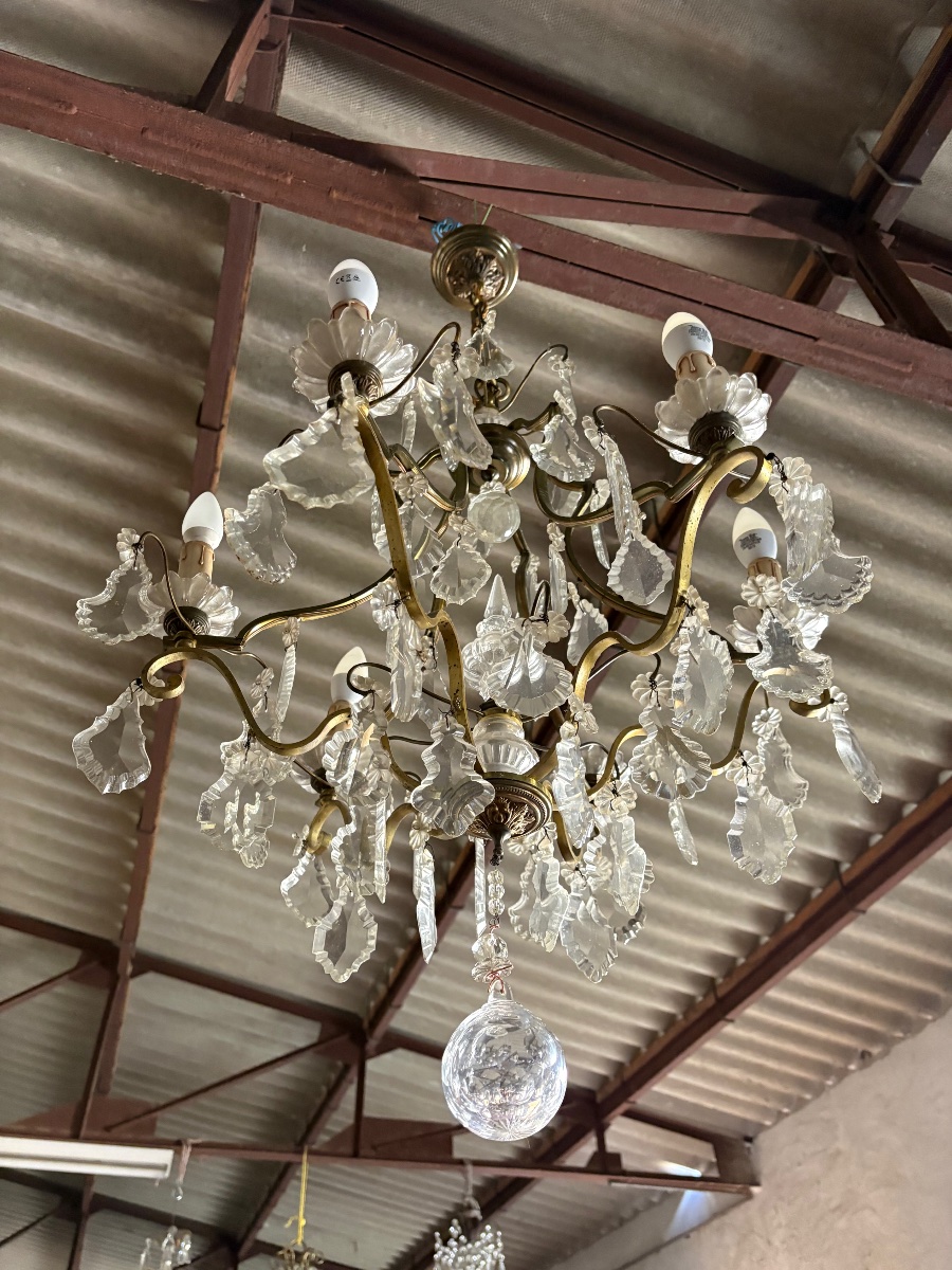 Louis XV Chandelier, Made Of Bronze With Six Light Fixtures And A 19th-century Crystal Pendant.-photo-3