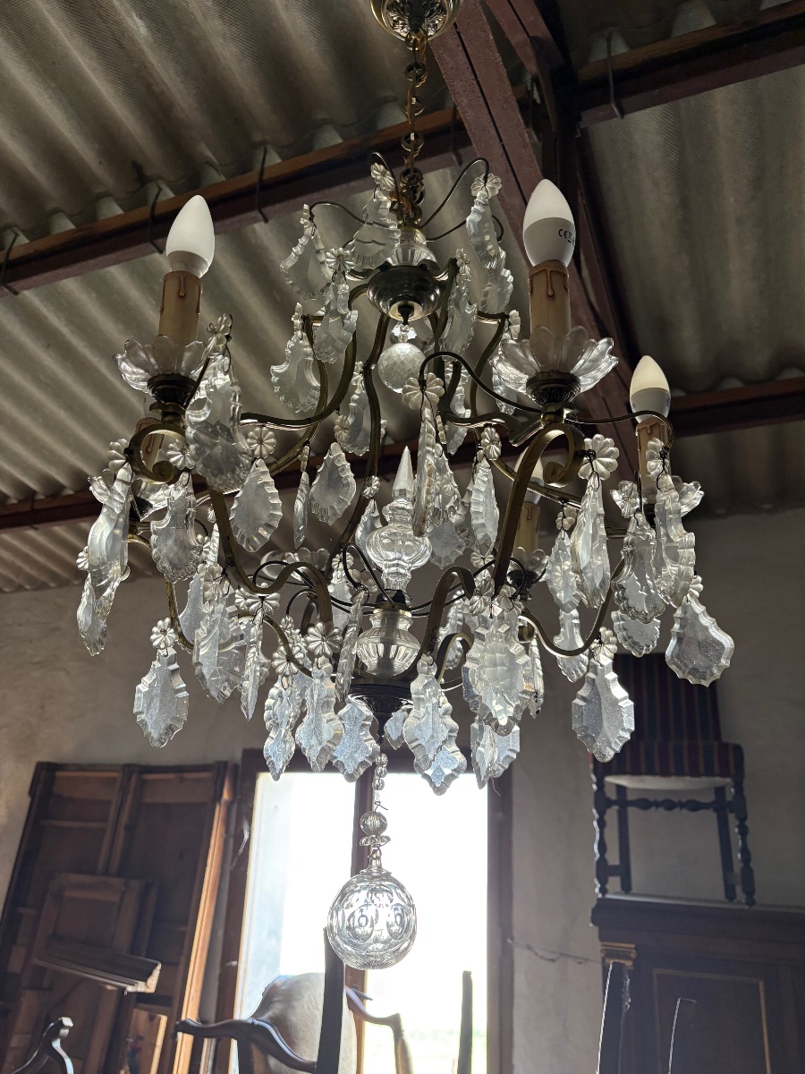 Louis XV Chandelier, Made Of Bronze With Six Light Fixtures And A 19th-century Crystal Pendant.-photo-4