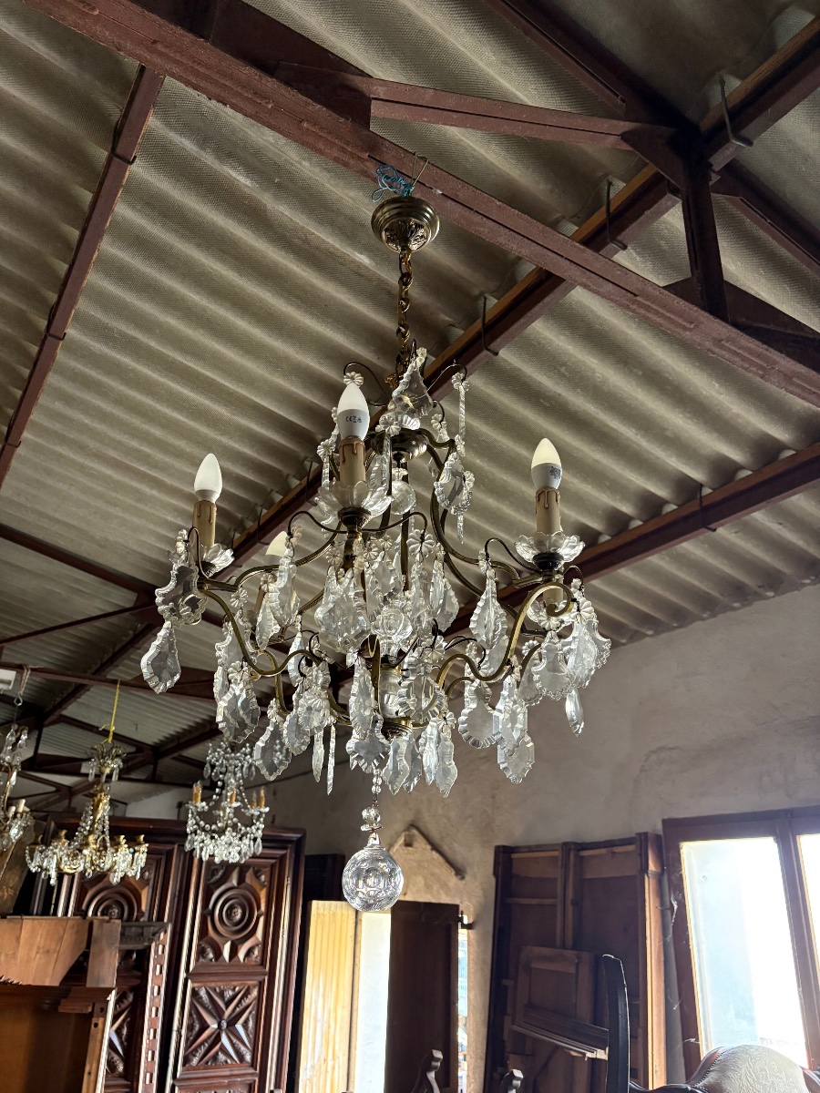 Louis XV Chandelier, Made Of Bronze With Six Light Fixtures And A 19th-century Crystal Pendant.-photo-1