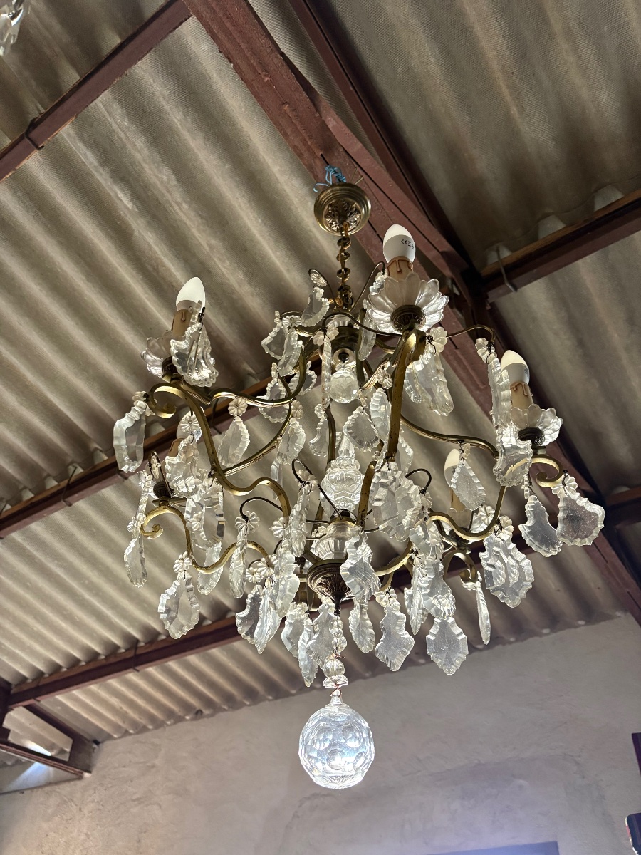 Louis XV Chandelier, Made Of Bronze With Six Light Fixtures And A 19th-century Crystal Pendant.-photo-2