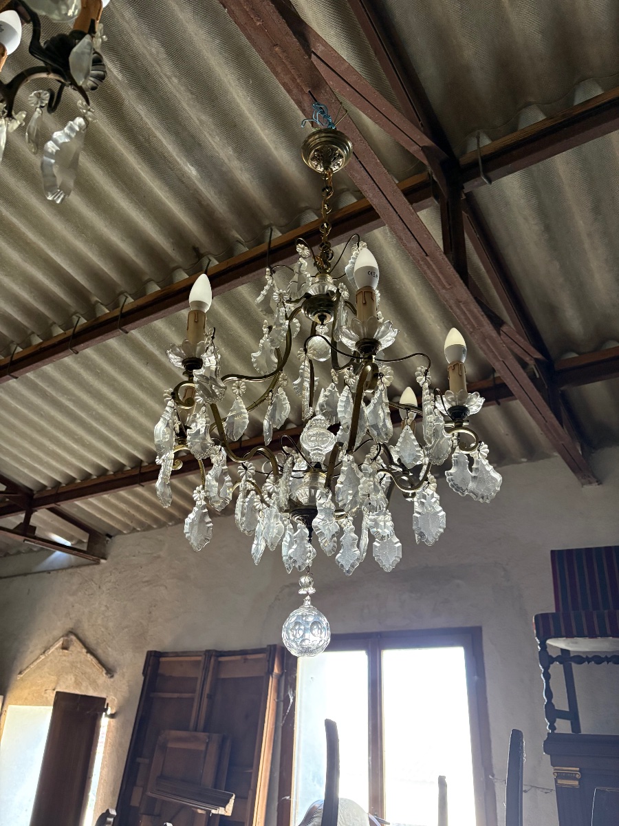 Louis XV Chandelier, Made Of Bronze With Six Light Fixtures And A 19th-century Crystal Pendant.-photo-3