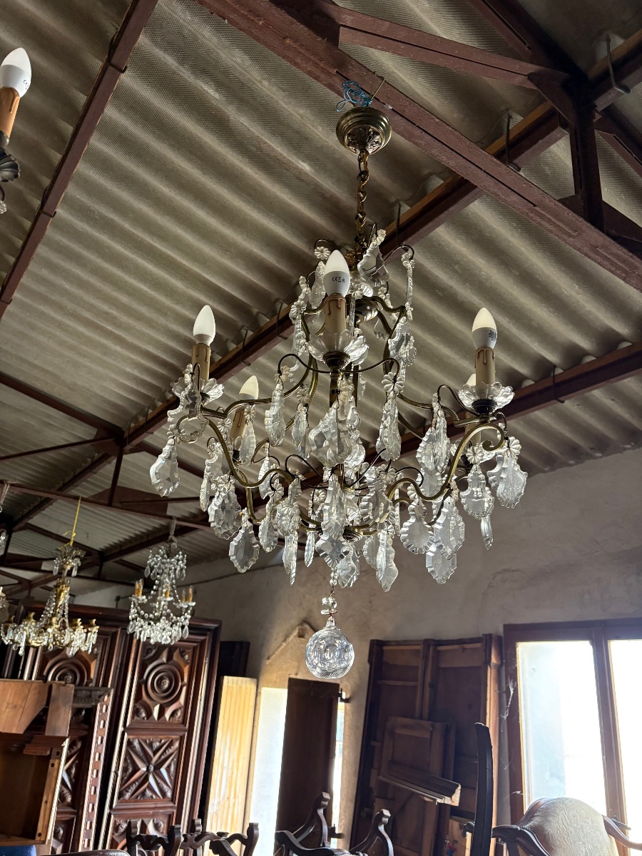 Louis XV Chandelier, Made Of Bronze With Six Light Fixtures And A 19th-century Crystal Pendant.-photo-4