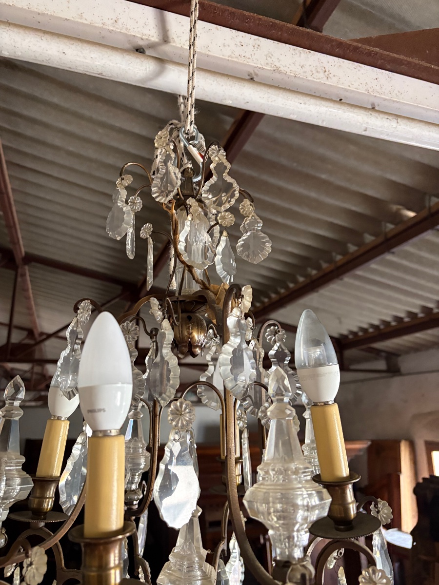 Lustre Louis XV, en bronze à quatre feux de lumière et cristal époque XIXe siècle.-photo-1