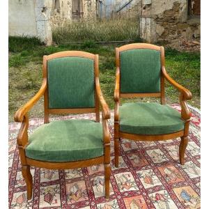 Paire De Fauteuils Restauration En Acajou Blond ,époque 1900