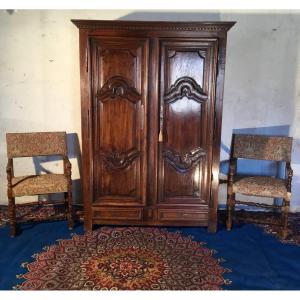 Wardrobe, Louis XIV From Presbytery In Walnut, 17th Century.