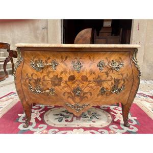Large, Louis XV Style Commode, Curved In Marquetry 1900.