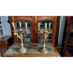 Pair Of Louis XVI Candelabras In Gilded Wood, 19th Century