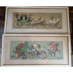 Paire d'illustrations signées Albert Guillaume époque 1900